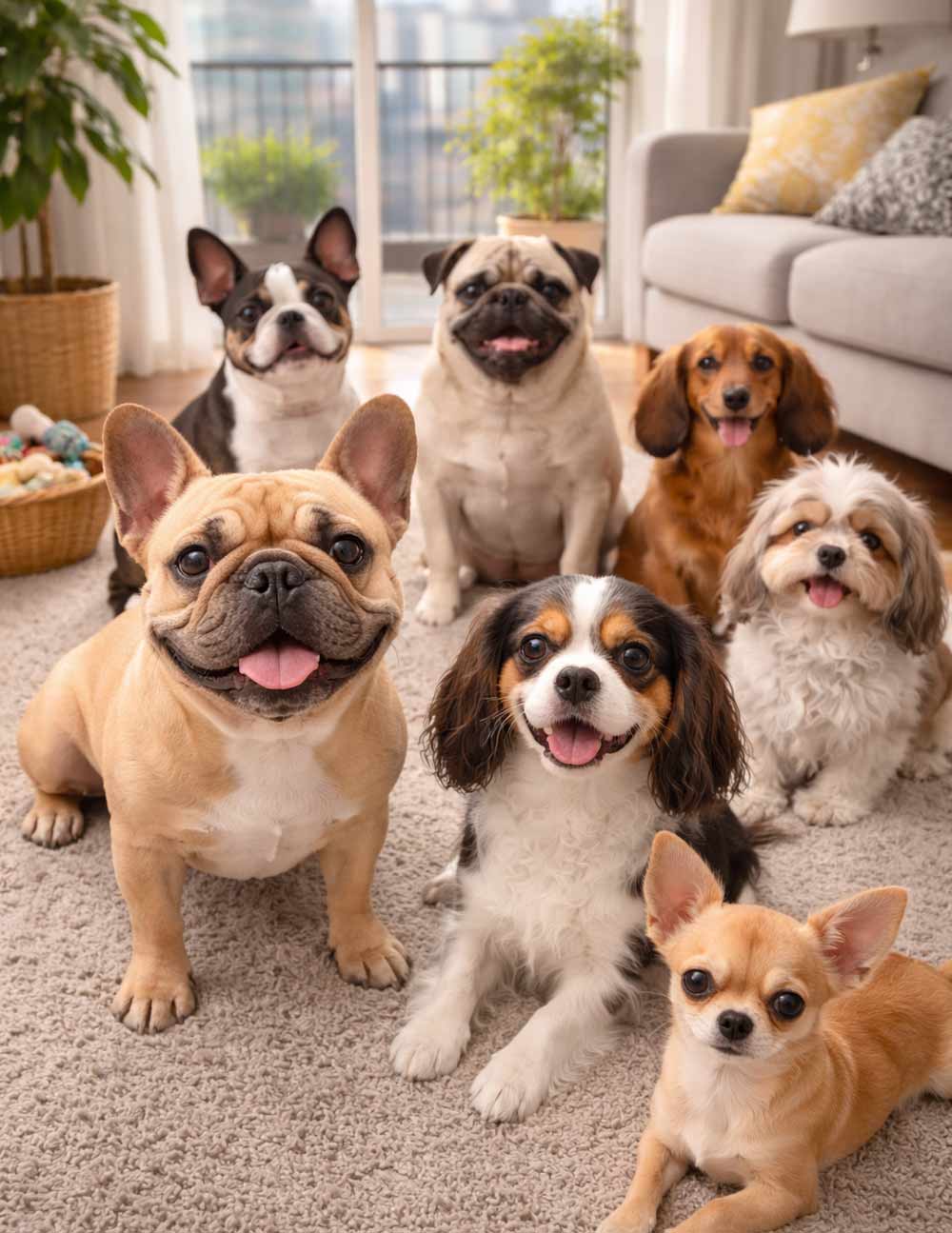 Small apartment-friendly dog breeds including French Bulldog, Cavalier King Charles Spaniel, Pug, Dachshund, Shih Tzu, Boston Terrier, and Chihuahua sitting together in a modern living room, illustrating ideal dogs for apartment living with calm temperaments