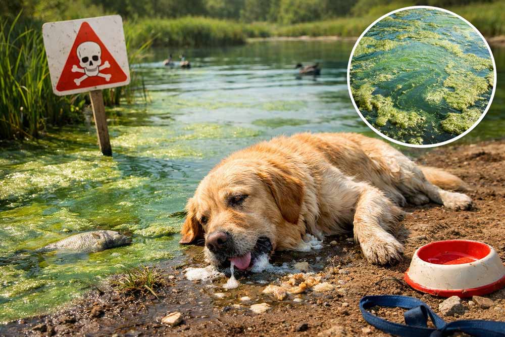 Dog lying near pond covered in blue-green algae bloom, showing signs of poisoning like drooling and lethargy, with contaminated water illustrating toxic cyanobacteria danger for dogs outdoors.