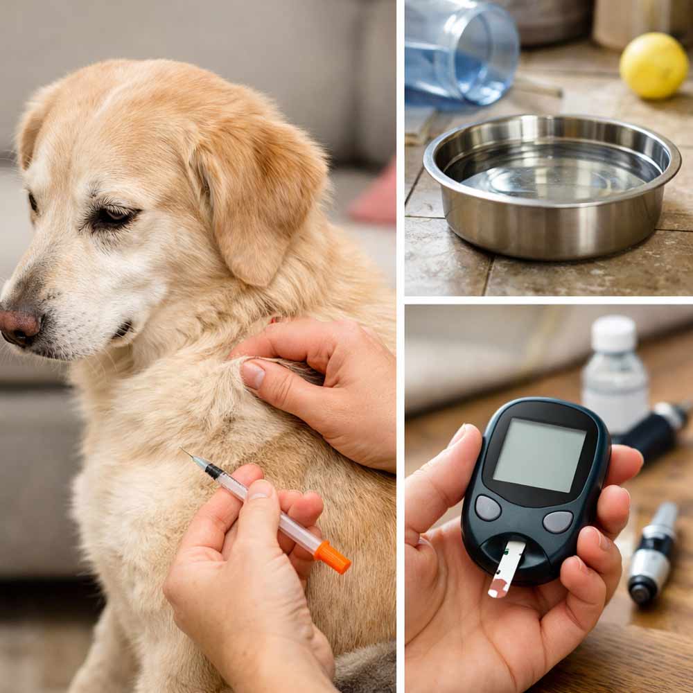 Dog receiving insulin injection with glucose monitor and water bowl, illustrating canine diabetes management, symptoms like increased thirst, and daily care routine for diabetic dogs.