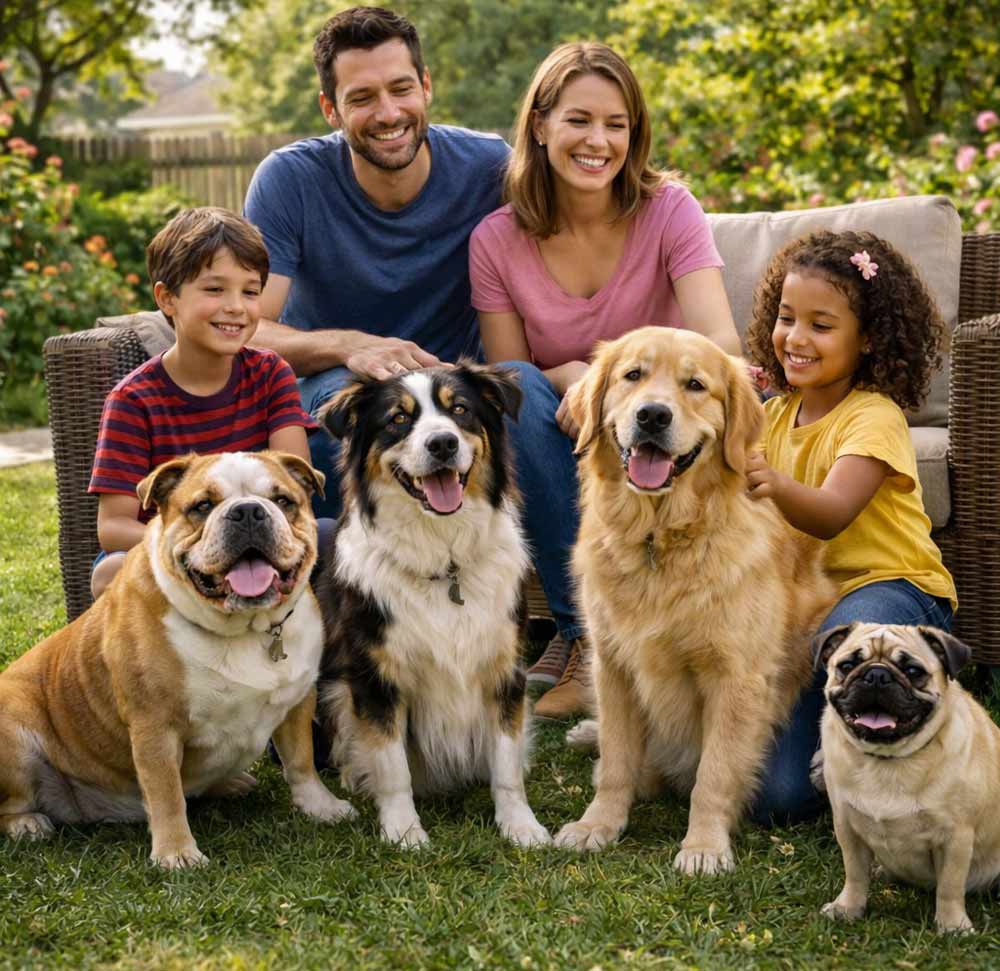 Family with children sitting in a backyard surrounded by multiple dog breeds including Golden Retriever, Labrador, Border Collie, Australian Shepherd, Bulldog, and Pug, illustrating how to choose the right dog breed for your family based on lifestyle and temperament