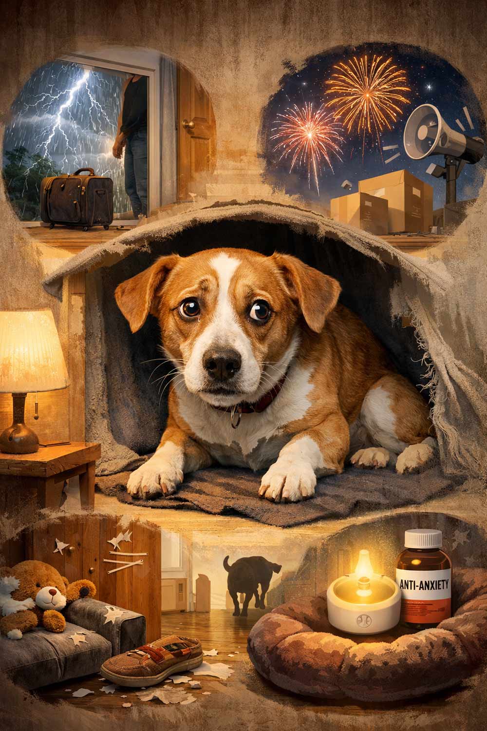Anxious dog hiding under a blanket during fireworks and thunderstorms, illustrating common triggers of dog anxiety like loud noises, separation, and environmental stress while highlighting calming solutions for anxious dogs.