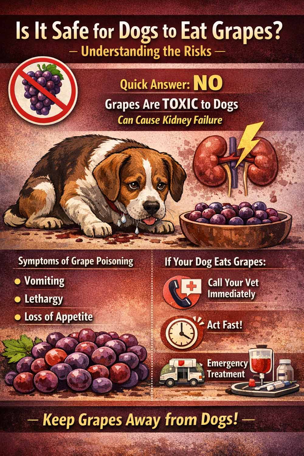 Infographic explaining that grapes are toxic to dogs, featuring a sick-looking dog next to a bowl of grapes, warning symbols, and sections outlining symptoms of grape poisoning and urgent steps to contact a veterinarian.