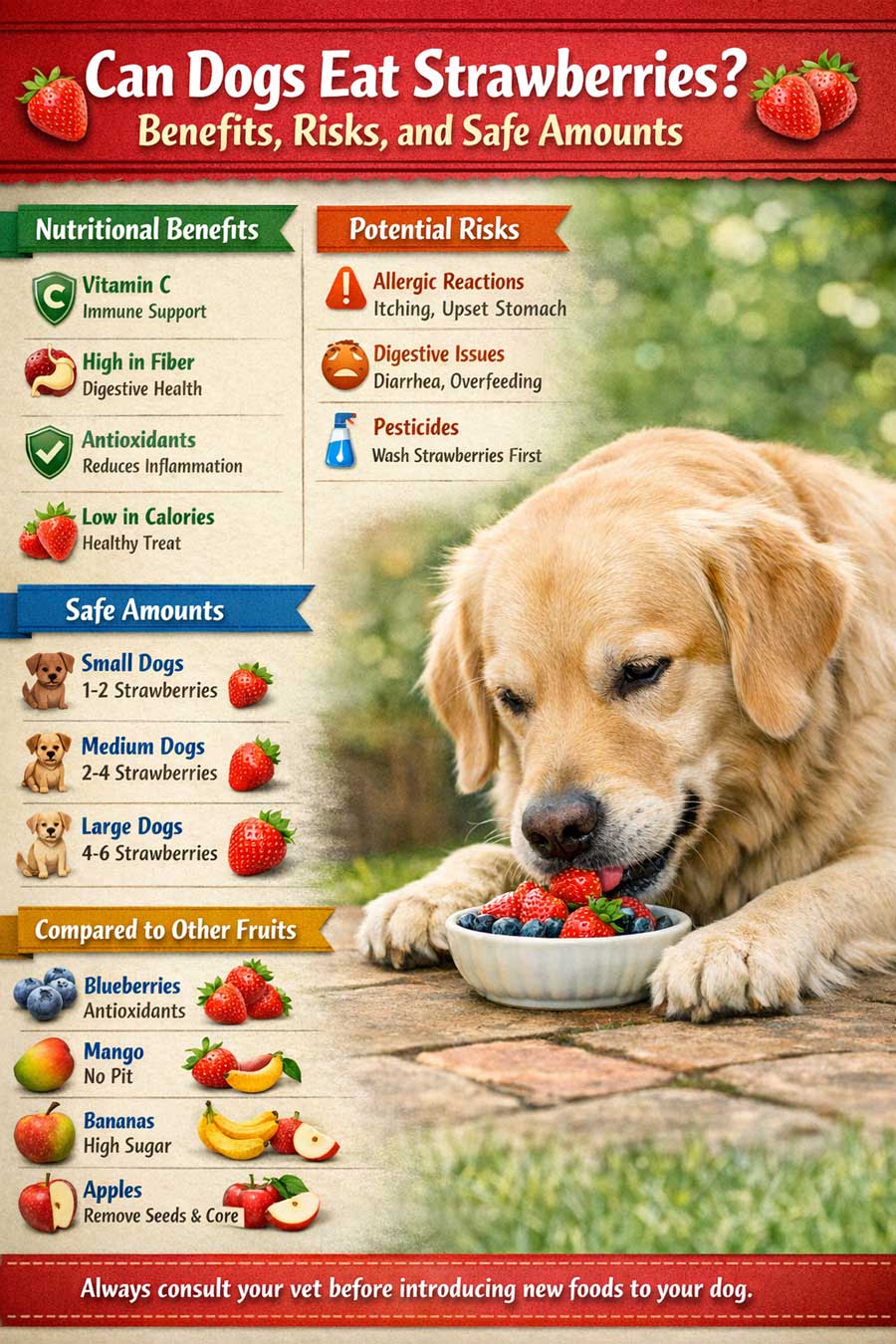 Dog eating fresh strawberries from a bowl outdoors, illustrating that strawberries are a safe and healthy fruit treat for dogs when served in moderation.