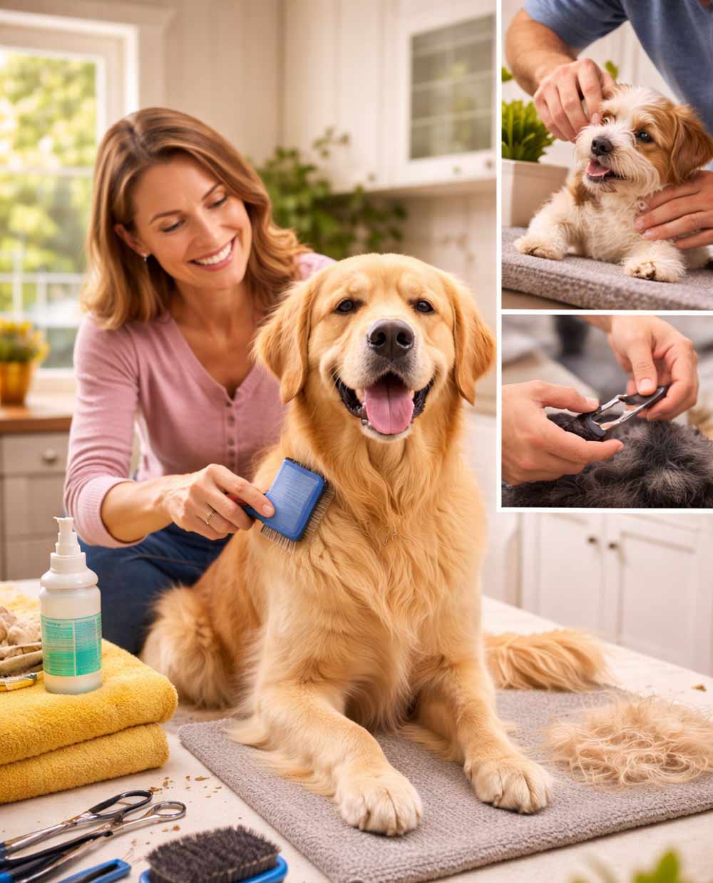 Golden Retriever being groomed at home with brushing, nail trimming, and ear cleaning tools visible, illustrating essential dog grooming tips for maintaining coat health, hygiene, and overall pet care