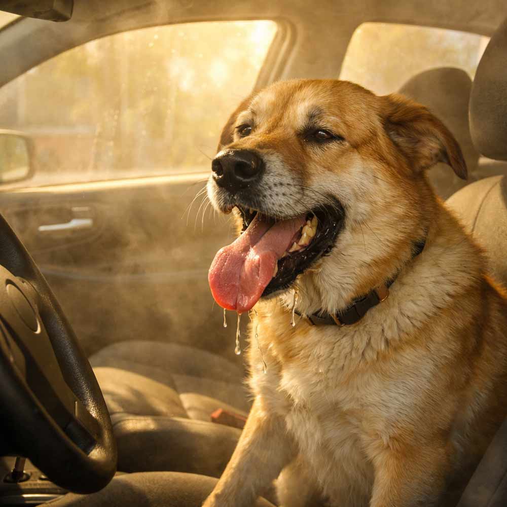 Dog panting heavily inside a hot car with sunlight streaming through windows, showing signs of heatstroke and distress, illustrating the dangers of leaving dogs in overheated vehicles.