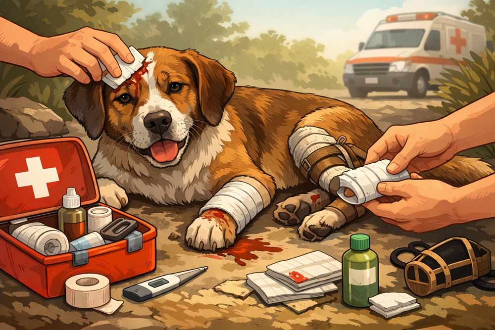 Injured dog receiving first aid with bandaged leg and head while a person provides care, illustrating emergency dog injury treatment and basic pet first aid response.