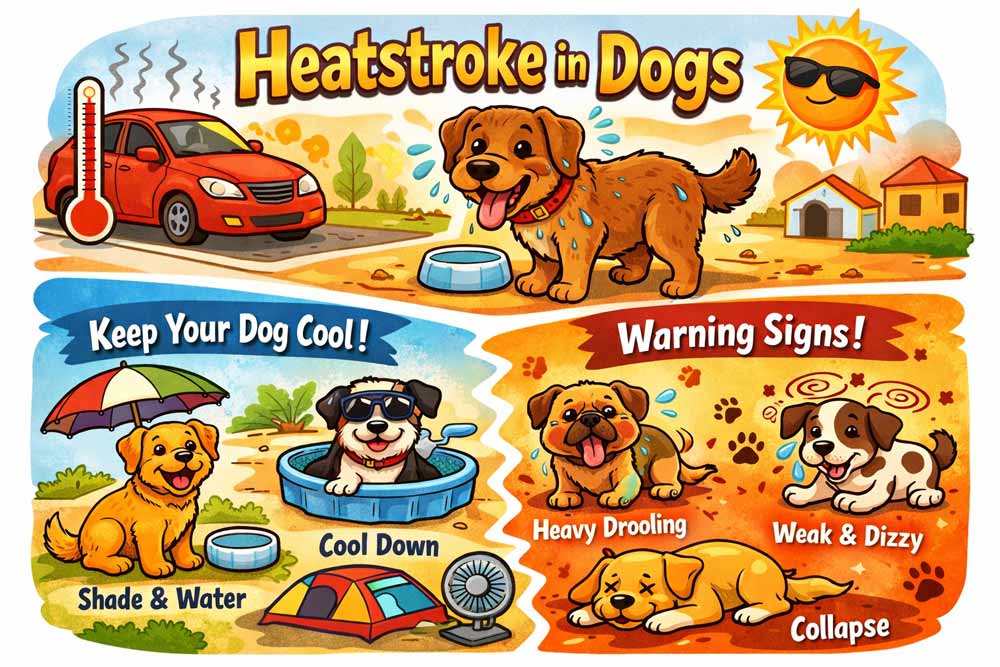Illustration of an overheated dog panting under a hot sun, showing signs of heat exhaustion in a warm outdoor setting, representing the dangers of heatstroke in dogs during high temperatures.