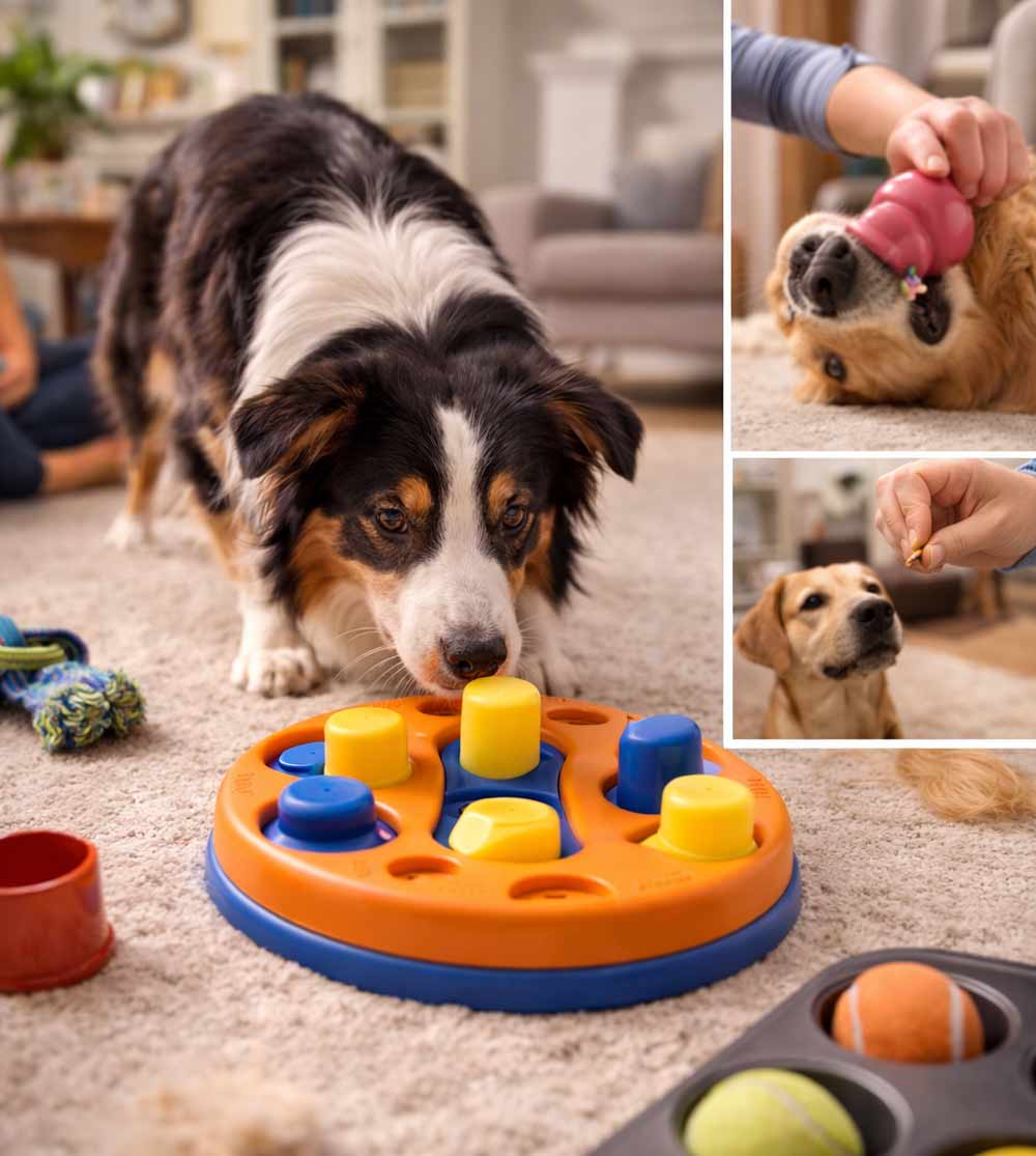 Border Collie engaging with an interactive puzzle toy indoors, with additional scenes of dogs using treat-dispensing toys, illustrating indoor activities for dogs that provide mental stimulation and prevent boredom