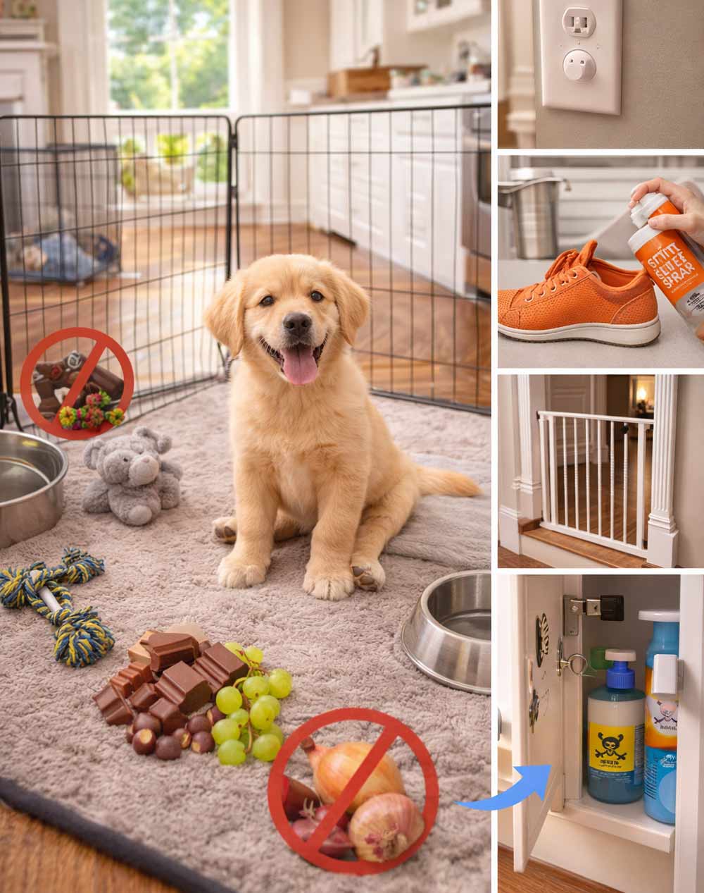 Golden Retriever puppy sitting in a secure indoor playpen with toys, food and water bowls, baby gate, and pet-proofed home features, illustrating how to create a safe puppy environment and prevent common household hazards