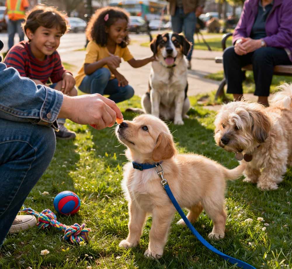 Group of puppies socializing in a sunny park with people and other dogs, illustrating early puppy socialization, positive interactions, and exposure to new environments during critical development stages