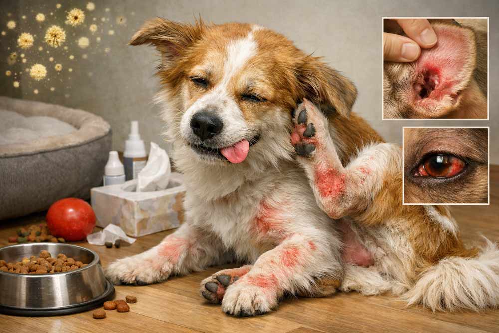 Dog with red, irritated skin scratching and licking paws, showing signs of canine allergies such as itching, inflammation, and skin irritation in a home environment.