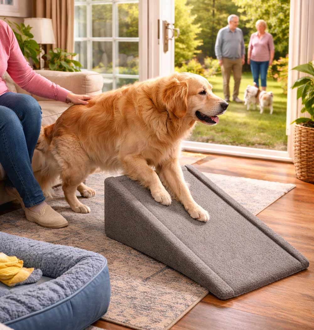 Senior golden retriever using a pet ramp inside a home to support mobility, illustrating helpful care strategies for aging dogs with joint stiffness and arthritis