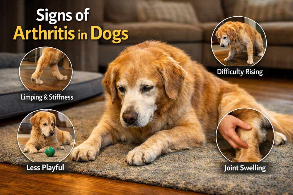 Senior dog with stiff joints slowly walking and struggling to rise, illustrating signs of canine arthritis such as mobility issues, joint pain, and reduced activity in aging dogs.