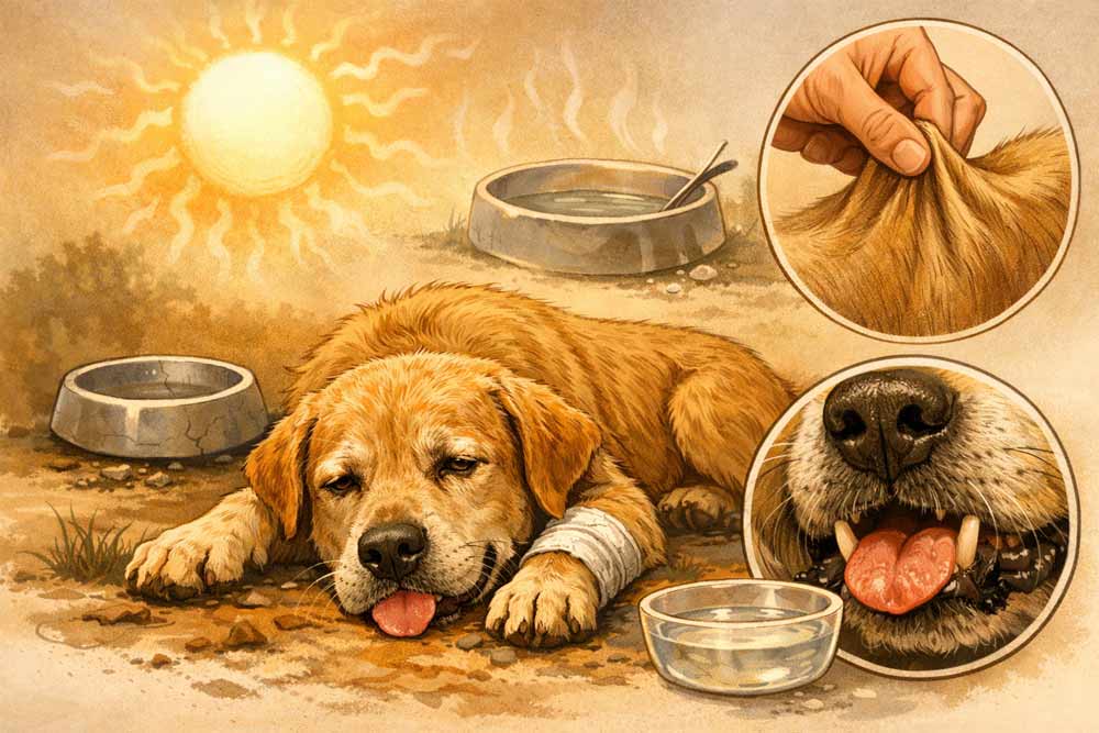 Dehydrated dog lying in the heat with empty water bowl and sun overhead, showing signs of lethargy, dry gums, and loss of energy, illustrating symptoms of dehydration in dogs during hot weather.