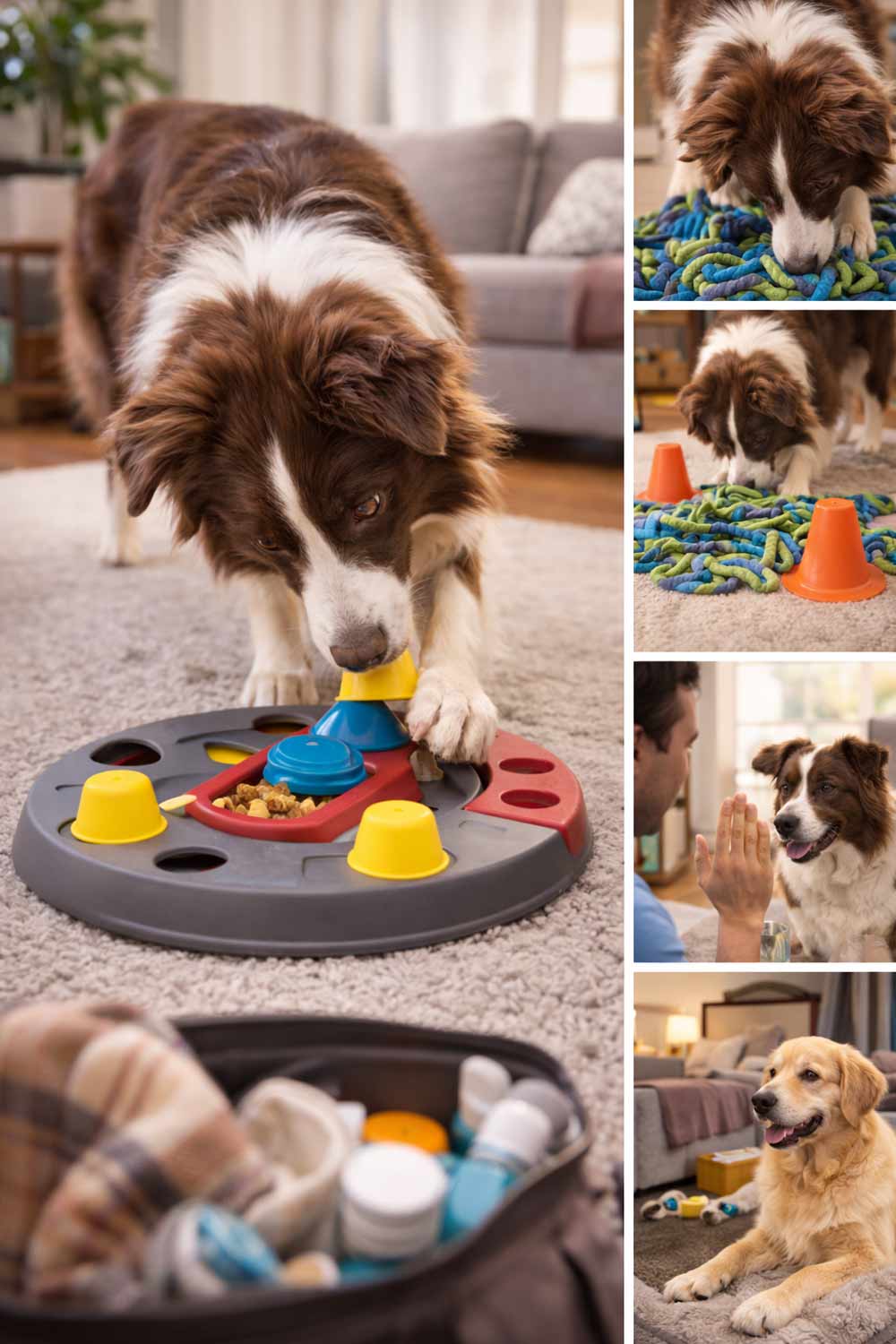 Border Collie engaging with interactive puzzle toy, snuffle mat, and training activities indoors, illustrating dog mental stimulation techniques that reduce boredom and promote cognitive enrichment