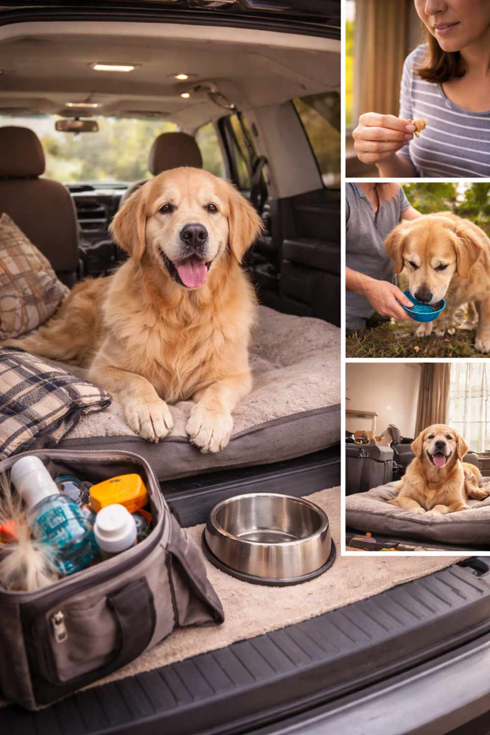 Senior Golden Retriever resting comfortably in an SUV on a road trip with travel essentials, along with scenes of water breaks and hotel rest, illustrating safe and comfortable travel tips for senior dogs
